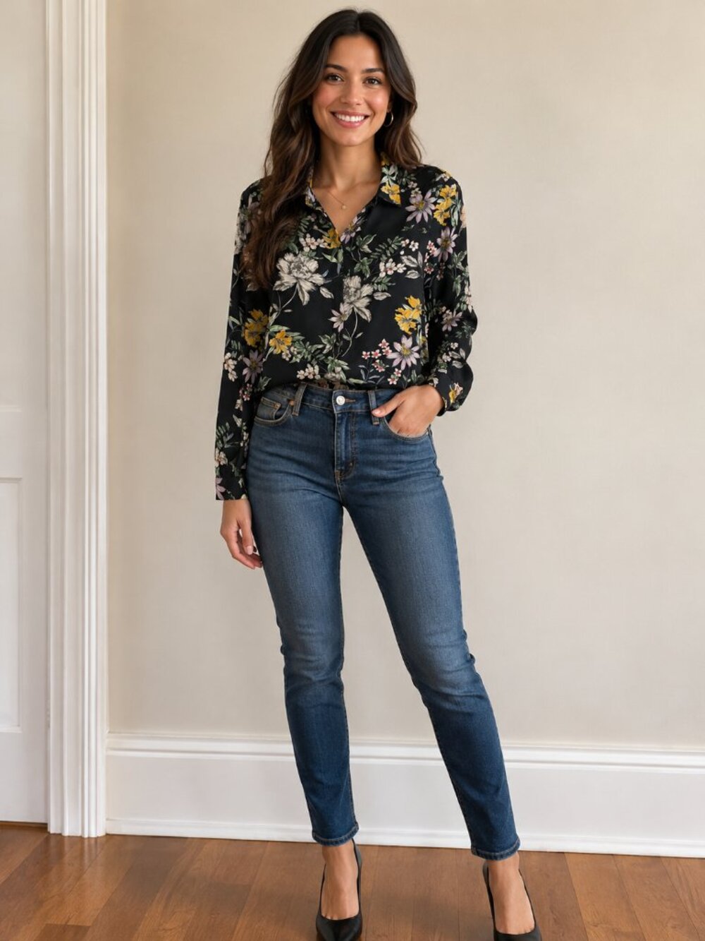 H&M Black Floral Button-Down Blouse with Yellow, Pink & White Flowers